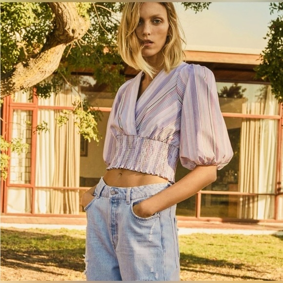 NWT!! Zara Striped Shirred Hem Puff Sleeve Crop Blouse Top, Size Large!! - Picture 1 of 7